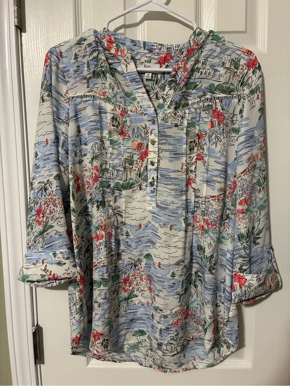 Kim Rogers Scenic Floral Button-Front Tunic in Light Blue, Cream and Red